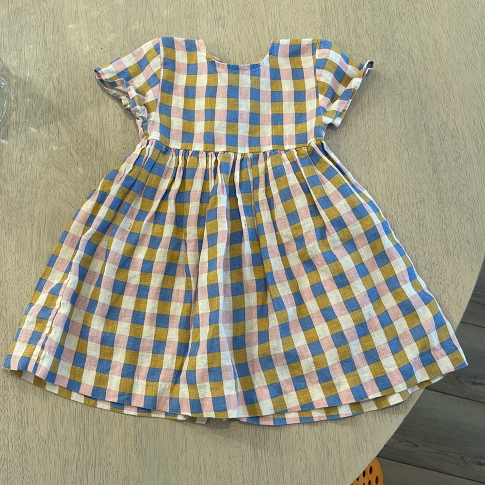 OEUF NYC Cheked Linen Dress - blue, pink, tan. Size 12-18 months